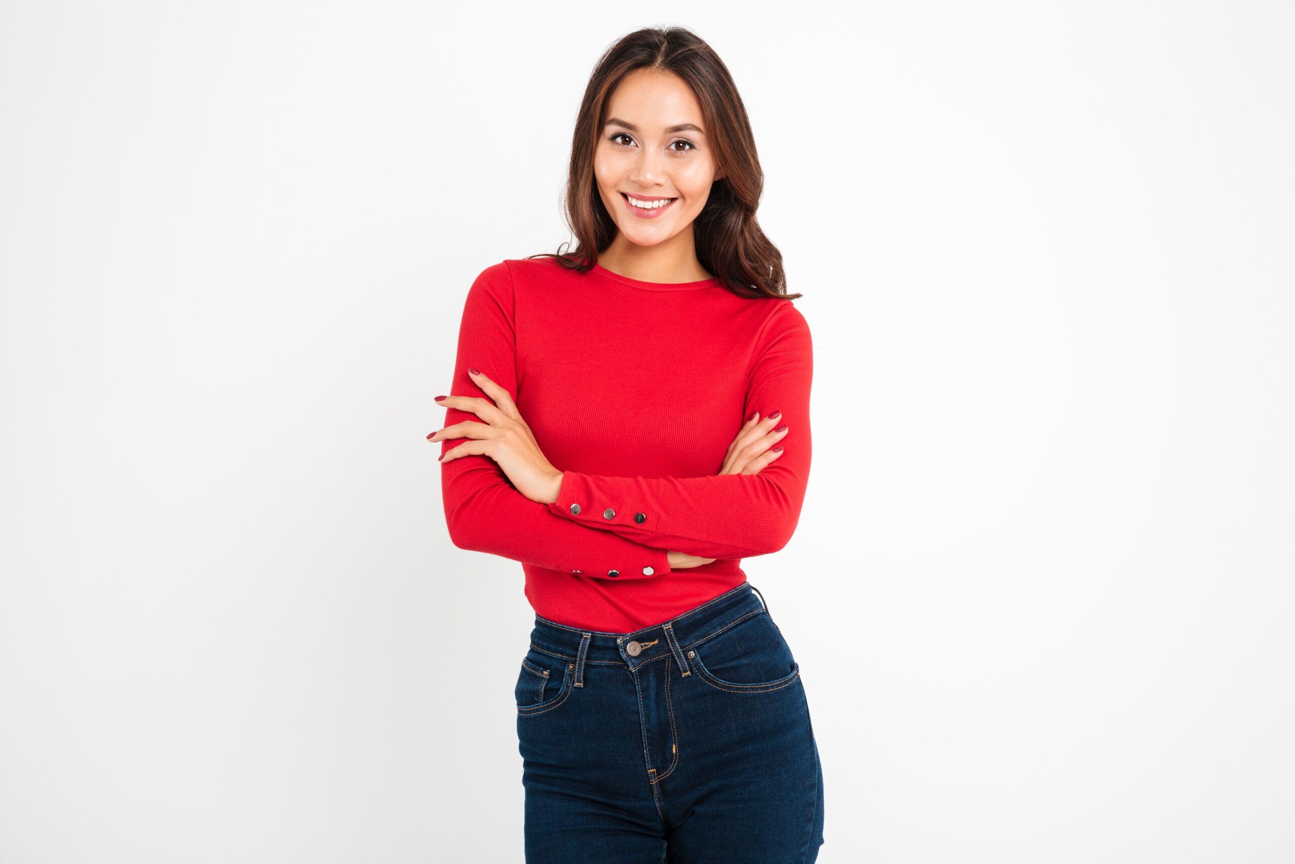 Beautiful young happy woman standing with arms crossed Алена, з днем народження